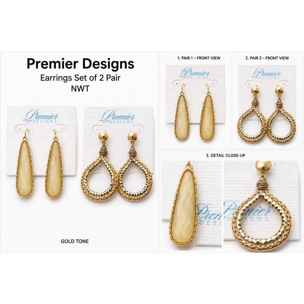 Premier‎ Designs Gold Tone Earring Set 2 Pairs Faceted Teardrop Hammered Dangle